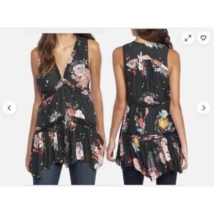 Free People Haze Printed Tunic Blouse S Floral Coquette Boho Ruffle